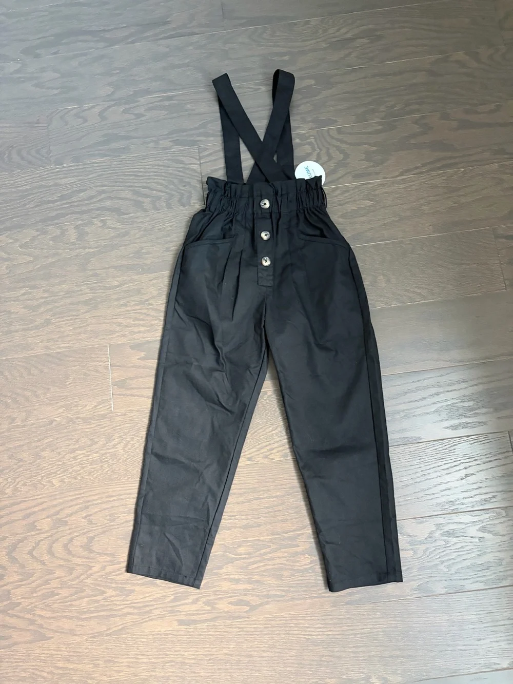 KUKUME Girls Black Suspender Pants High Waist Pleated Ruffle Waist Trousers NWT